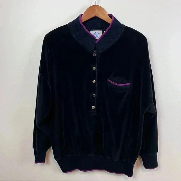VTG Women's L Black Velour Track Suit 80s Leisure Suit Goldbergs  Shoulder Pads - Picture 2 of 9